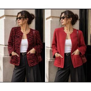 Vintage Zebra Print Boiled Wool Jacket Red Black Boxy Reversible Statement Coat